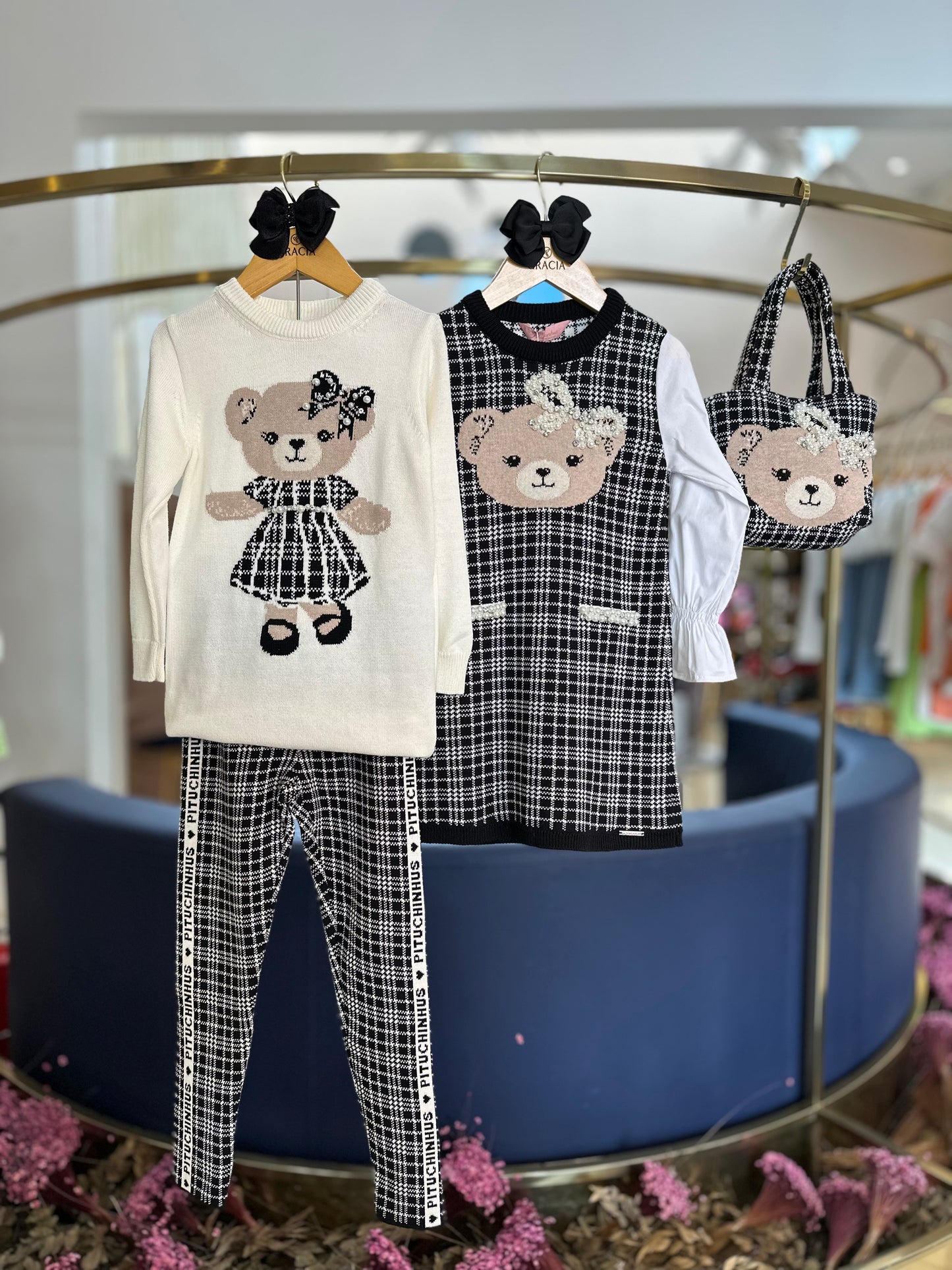 Vestido Infantil Tricot Xadrez Ursinho Mangas de Algodão - Pituchinhus