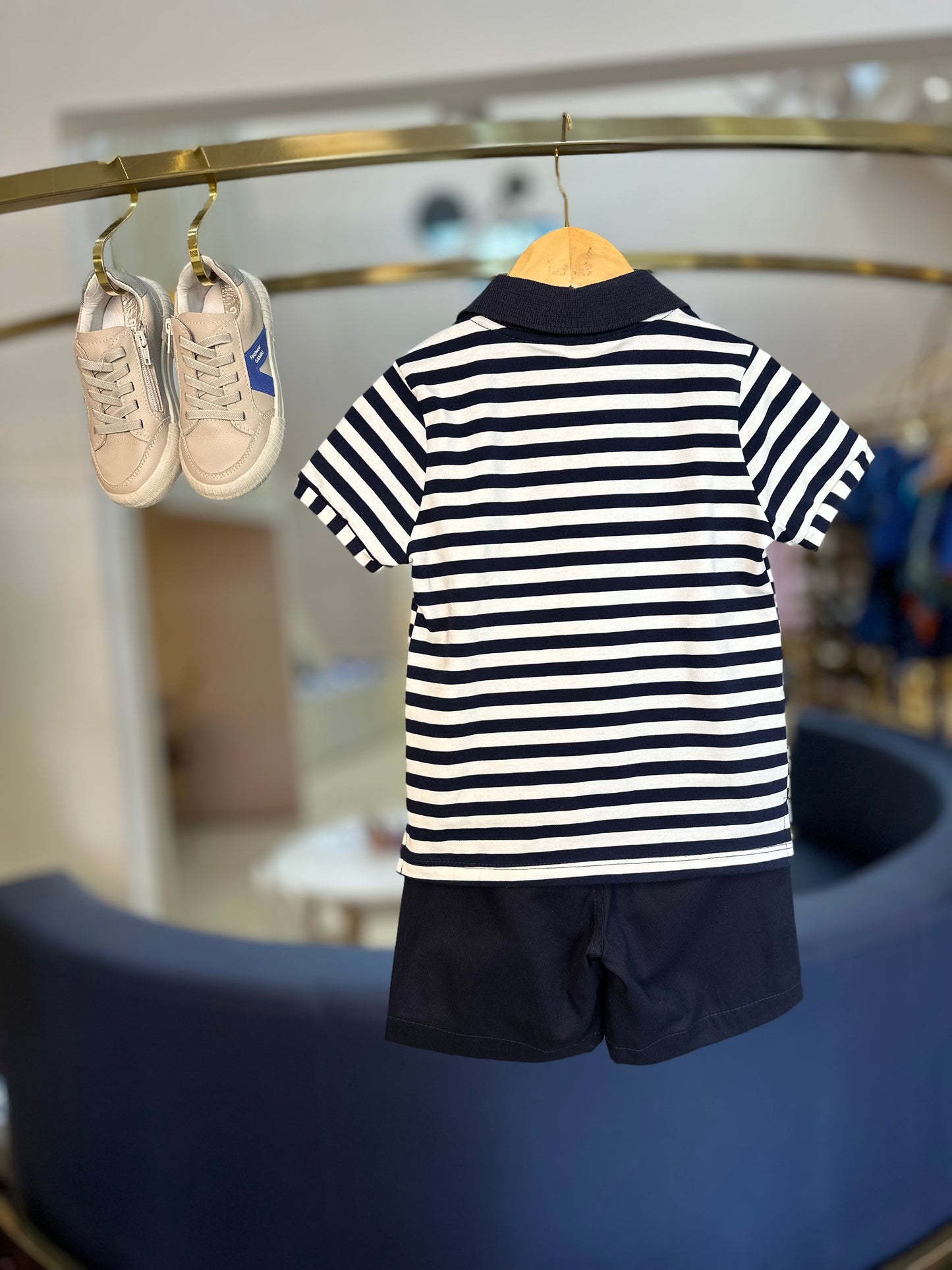 Conjunto Infantil Polo Listras e Bermuda Sarja Marinho - Um Mais Um