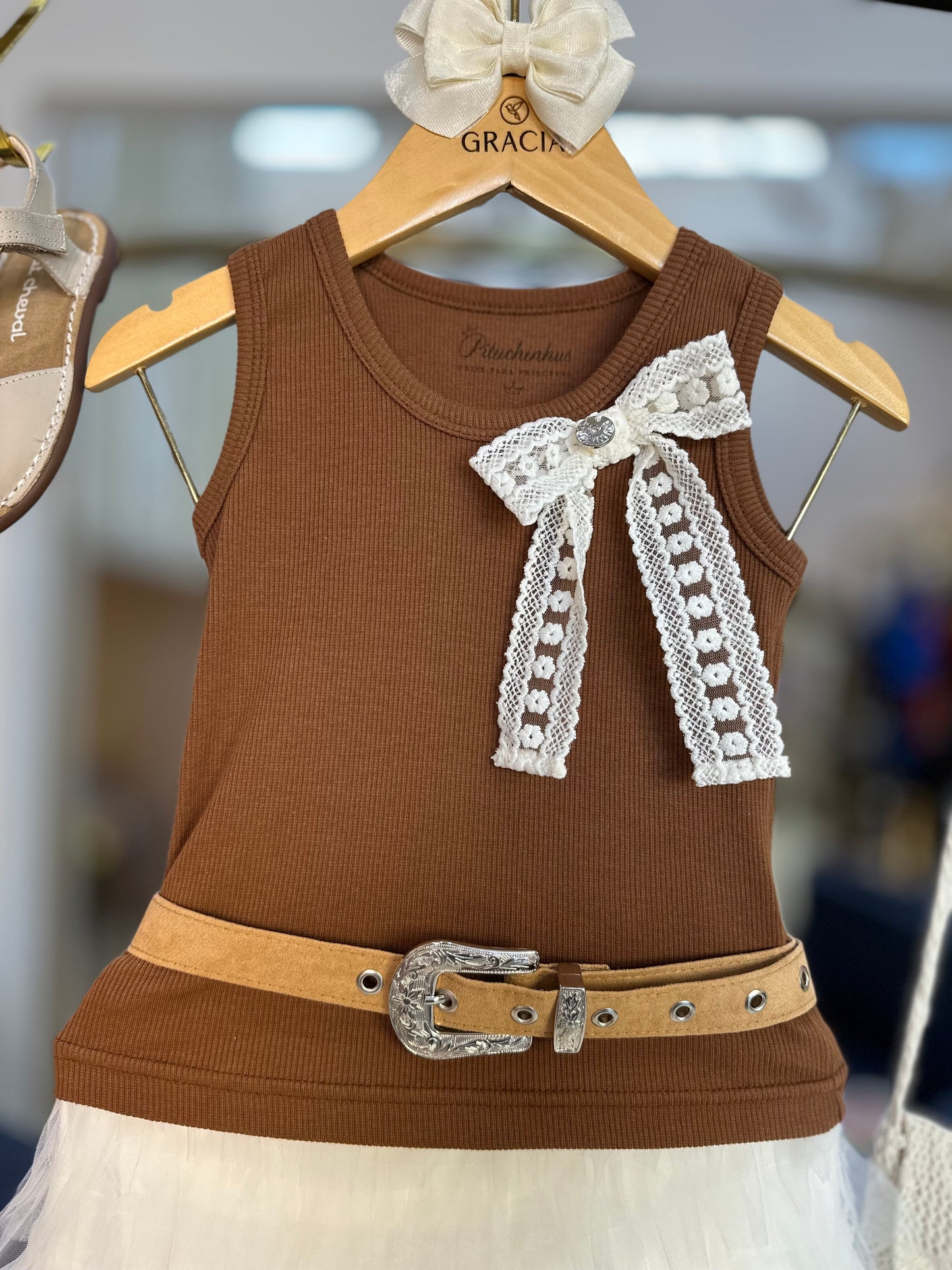 Conjunto Infantil Conceito Blusa Laço Renda e Saia Midi Tule Babados - Pituchinhus