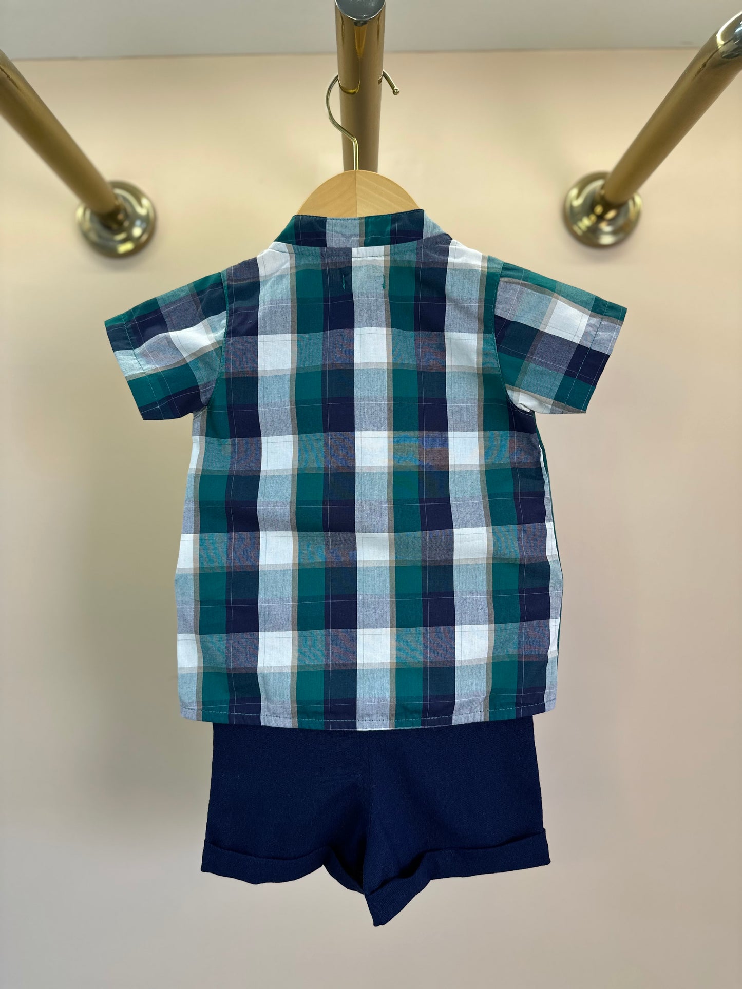 Conjunto Bebê Camisa MC Xadrez Verde e Bermuda Linho Marinho - Charpey