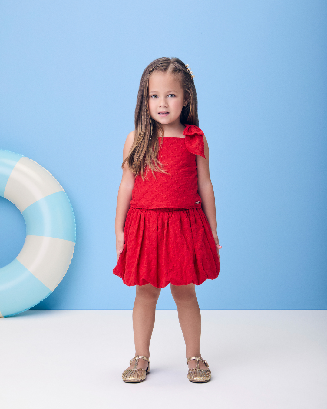 Conjunto Infantil Vermelho Blusa Laço Lateral e Saia Balonê - Momi
