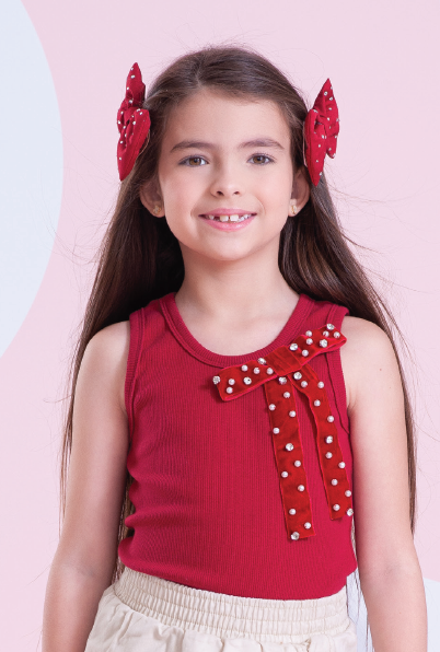 Regata Infantil Maxi Laço Veludo Bordados Bala de Cereja - Pituchinhus