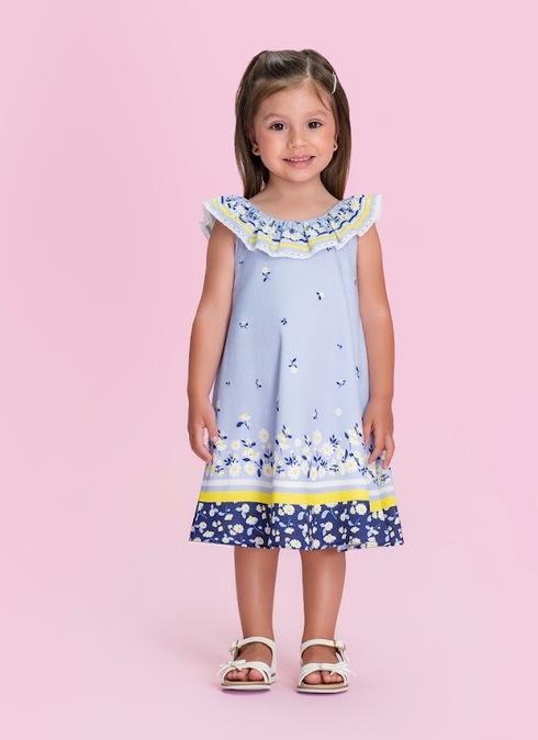 Vestido Infantil Azul com Gola Babado Estampada Floral Delicado e Barra com Faixas Amarela - Petit Cherie