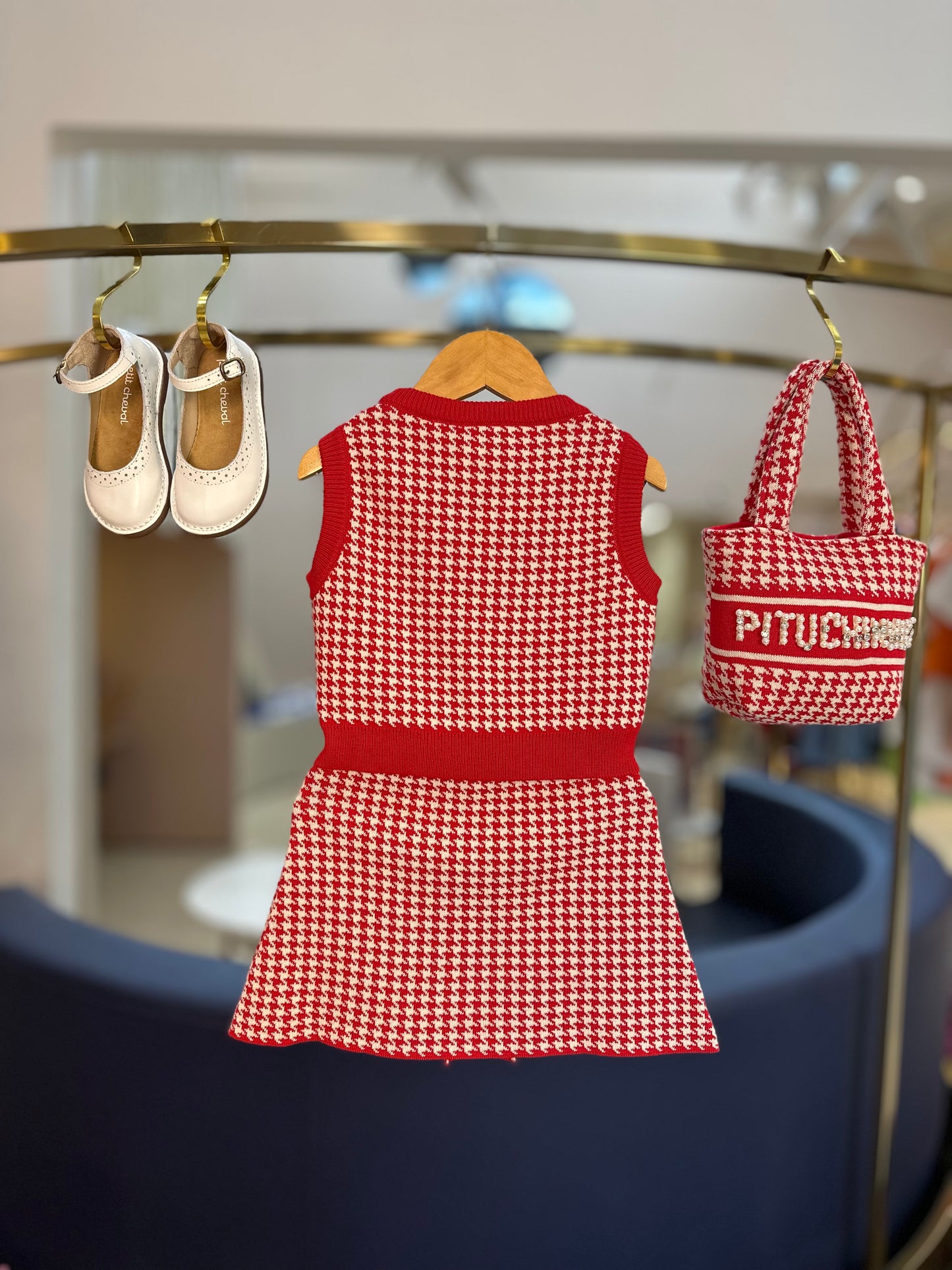 Conjunto Infantil Colete e Saia Tricot Pied Poule Prega - Pituchinhus