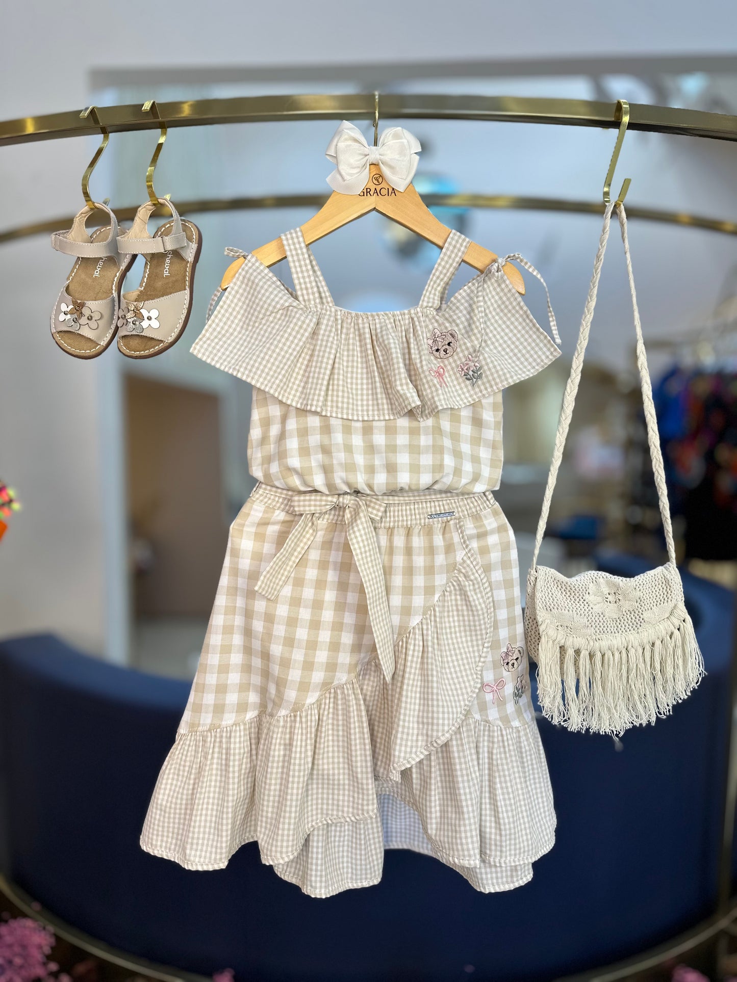Conjunto Infantil Blusa Ciganinha e Saia-shorts Midi Xadrez Patches - Pituchinhus