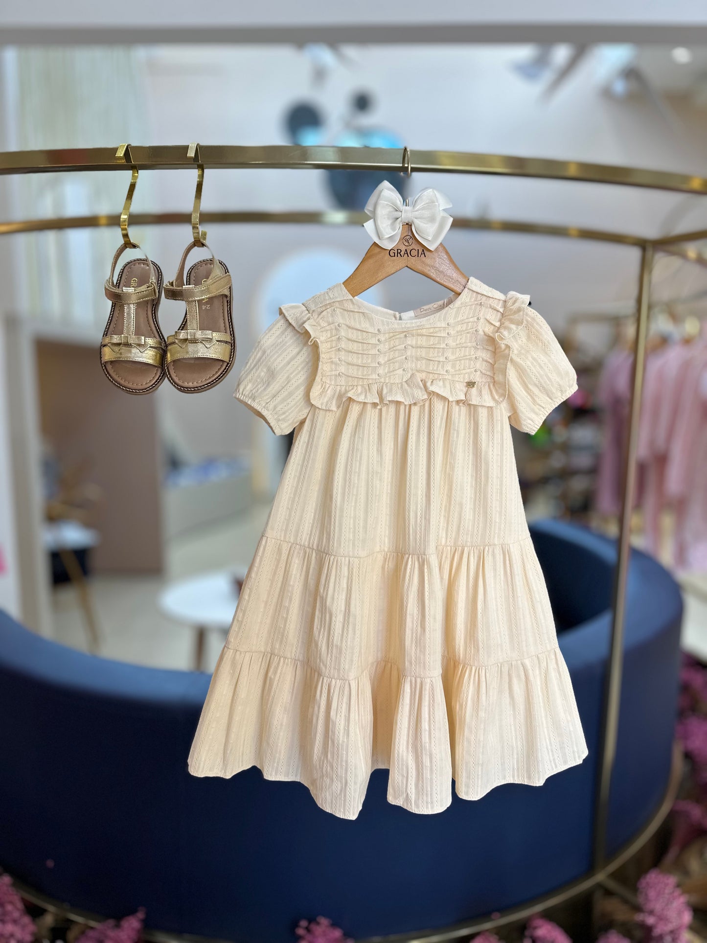 Vestido Infantil de Algodão Giardino Bege - Petit Cherie