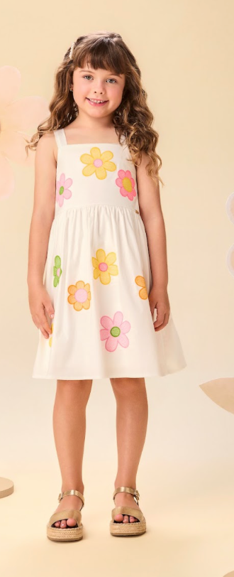 Vestido Infantil Alças Fina Bordado Flores Off White - Momi