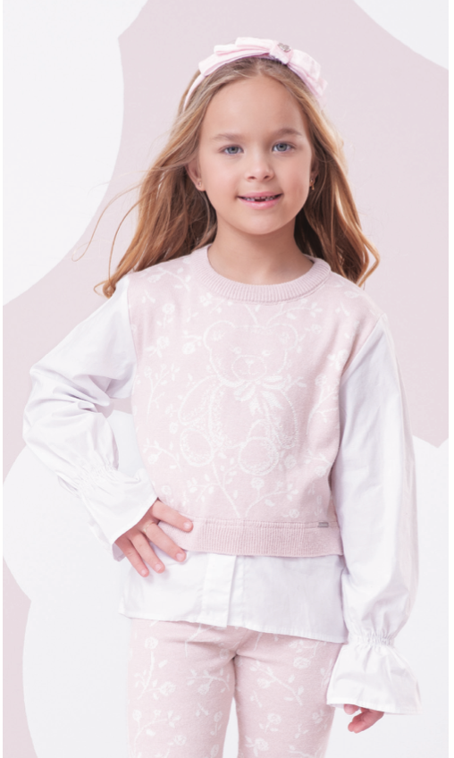 Blusa Infantil Tricot Floral Ursinho Algodão Rosa Mel - Pituchinhus