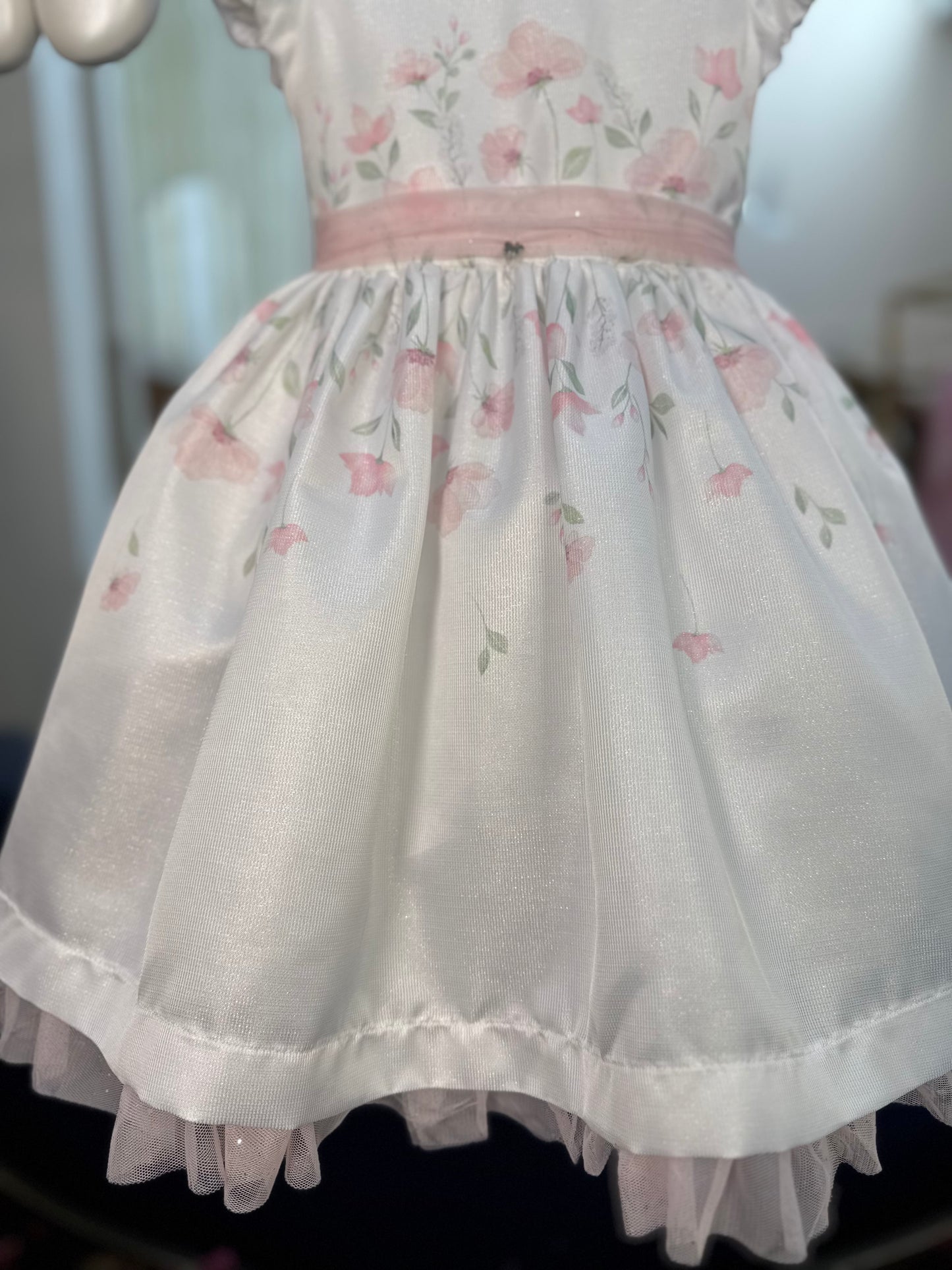 Vestido Infantil Festa Tule Rosa Flores - Petit Cherie