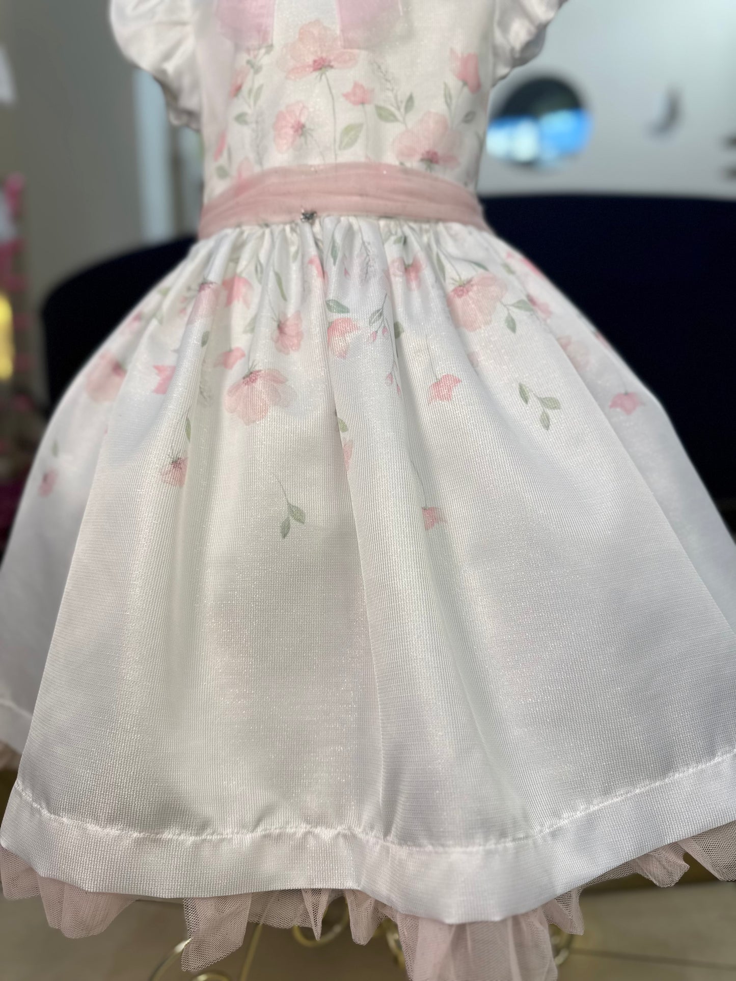 Vestido Infantil Festa Tule Rosa Flores - Petit Cherie