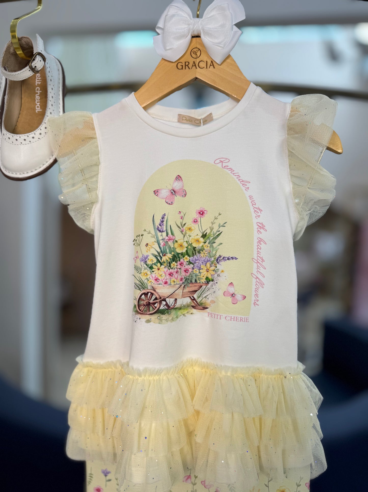 Conjunto Infantil Blusa Tule Amarelo e Legging Estampada - Petit Cherie