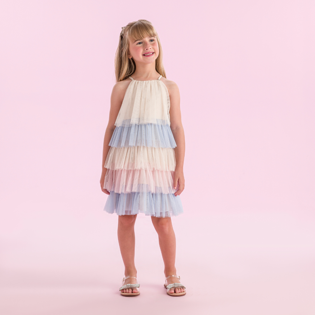 Vestido Infantil Festinha Tule Glitter Bege Degradê Cores - Petit Cherie PRÉ-VENDA
