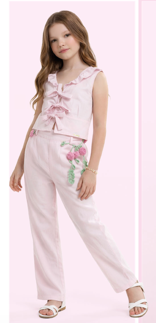 Conjunto Infantil Blusa Amarração Rosa e Calça Wide Leg Cinto de Flores Rosa - Luluzinha