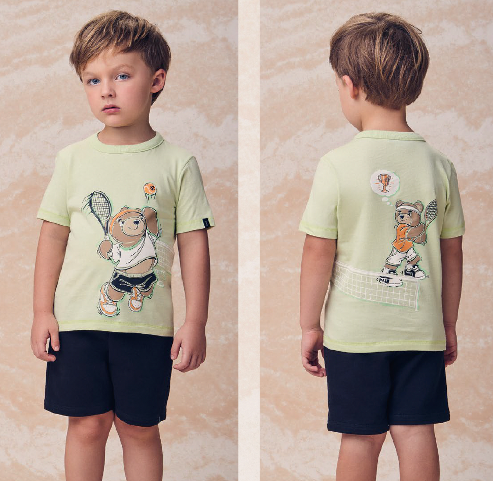 Conjunto Infantil Camiseta Ursinho Tenista e Bermuda Preta - Youccie