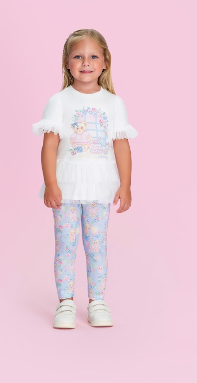 Conjunto Infantil Blusa Mangas Babadinho Em Tule e Calça Legging Estampa Ursinhas - Petit Cherie