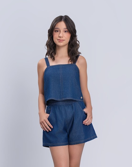 Conjunto Infantil Jeans com Cropped de Alças e Short - Vanilla Cream