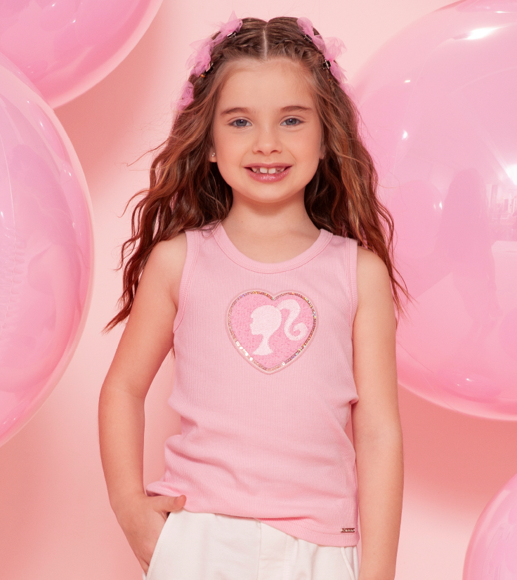 Regata Infantil Patche Coração Barbie Rosa Romântico - Pituchinhus