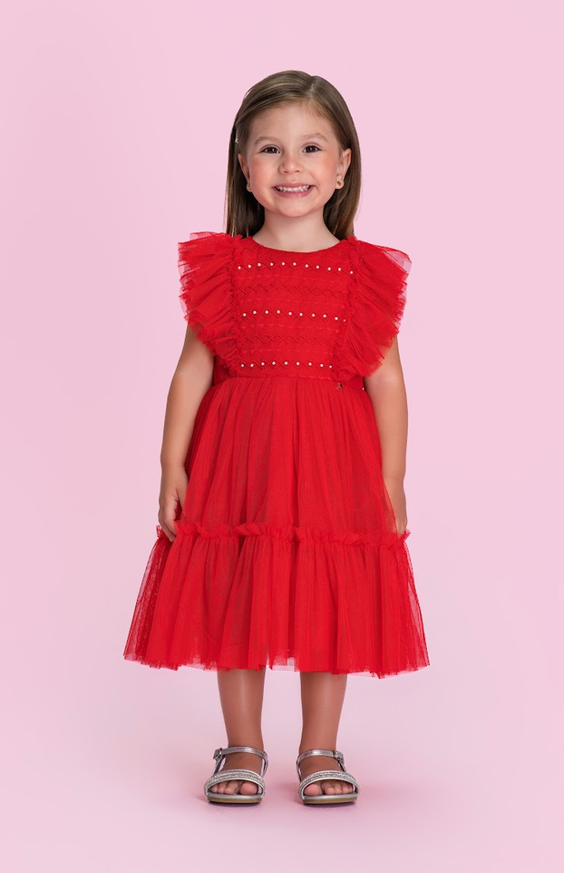 Vestido Infantil Vermelho Tule com Babados e Detalhes em Strass - Petit Cherie