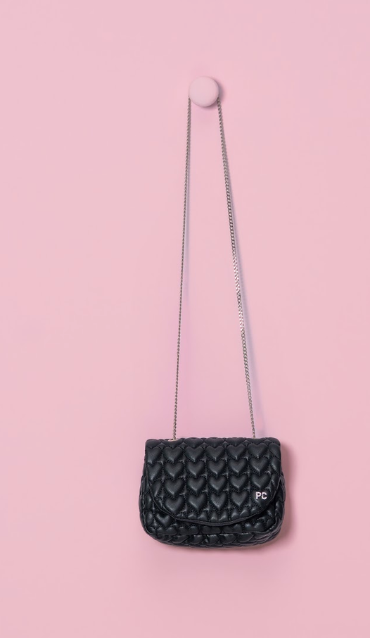 Bolsa Infantil Preta Corações e Alça de Corrente Prata - Petit Cherie
