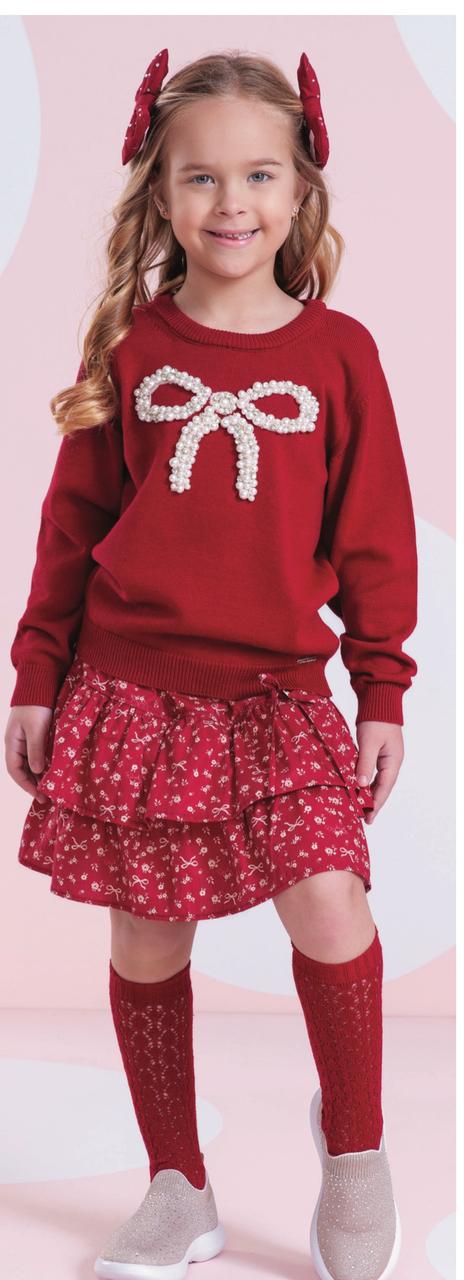 Saia-shorts Infantil Mini Flores Babados e Laços Bala de Cereja - Pituchinhus