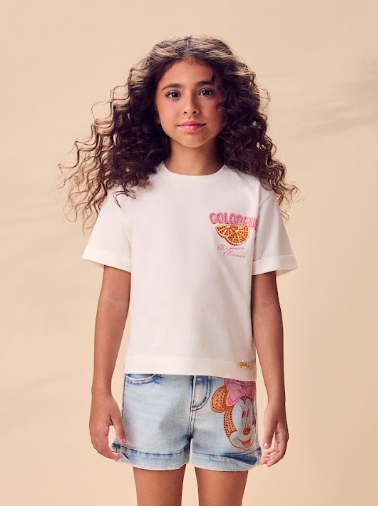 Conjunto Infantil Blusa Minnie Mouse Colorful e Shorts Jeans Estampa Minnie - Animê