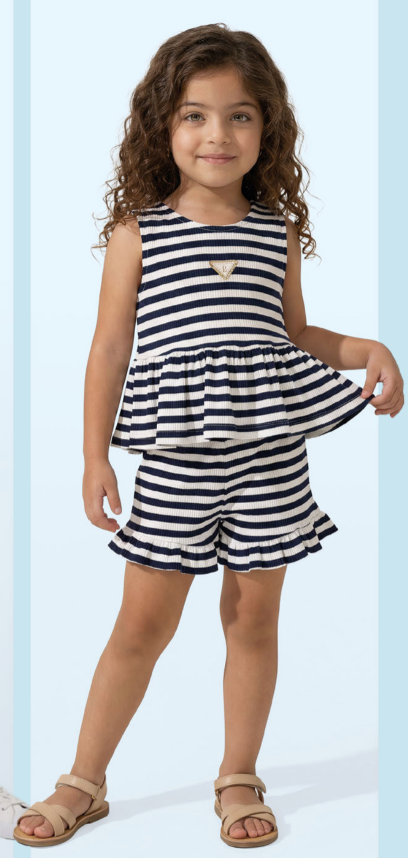 Conjunto Infantil Blusa Malha Listrada Com Amarração Nas Costas e Shorts Com Babadinho- Luluzinha