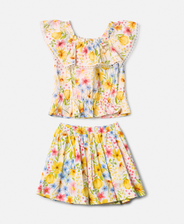 Conjunto Infantil Estampa Floral Blusa Ombro á Ombro Com Babado e Saia - Animê