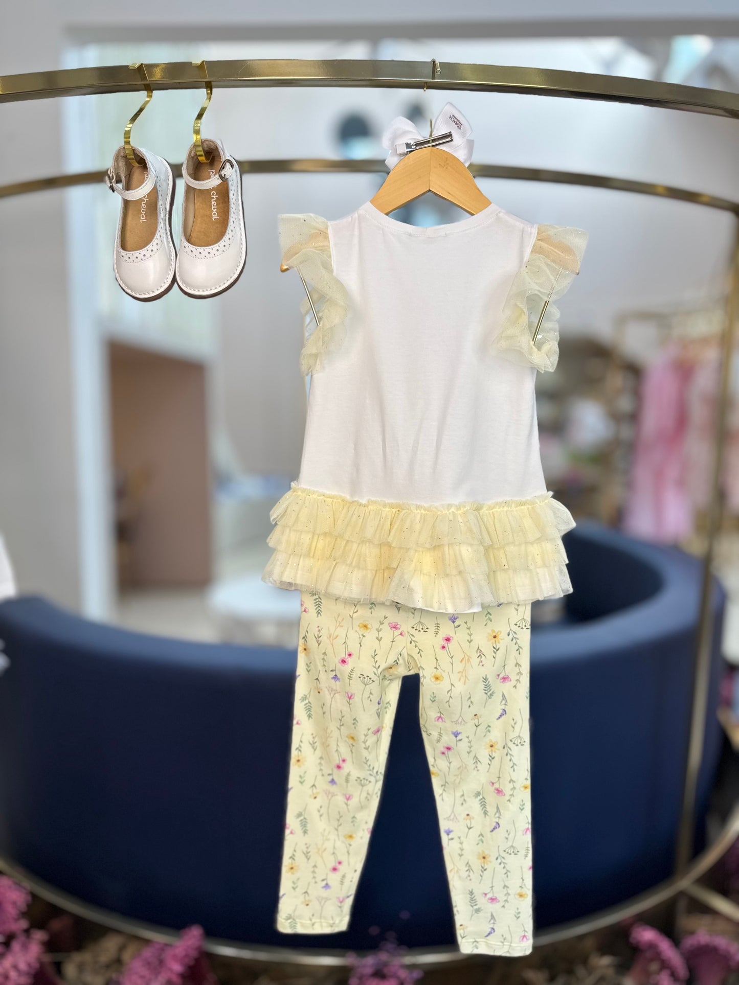 Conjunto Infantil Blusa Tule Amarelo e Legging Estampada - Petit Cherie