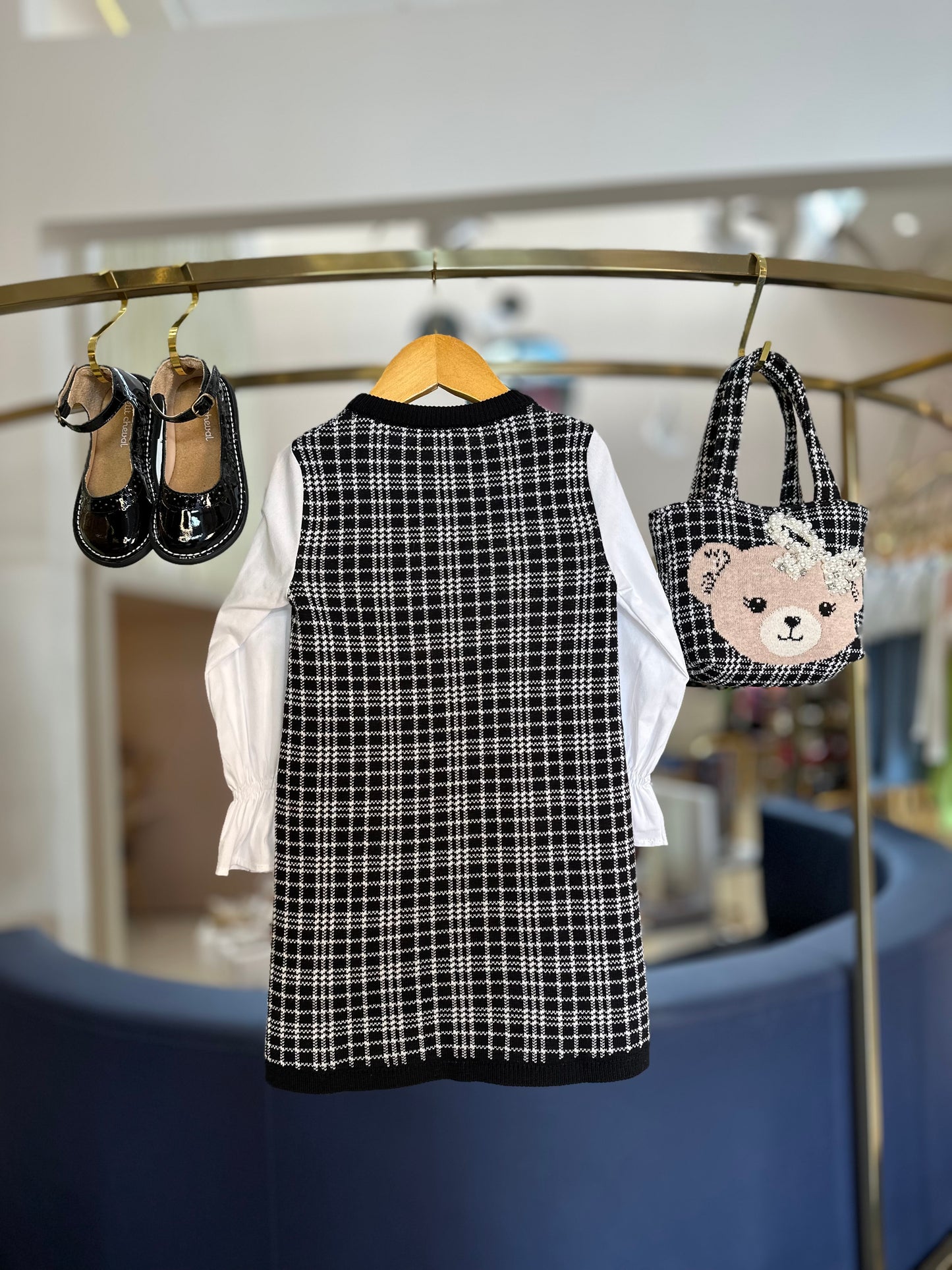 Vestido Infantil Tricot Xadrez Ursinho Mangas de Algodão - Pituchinhus