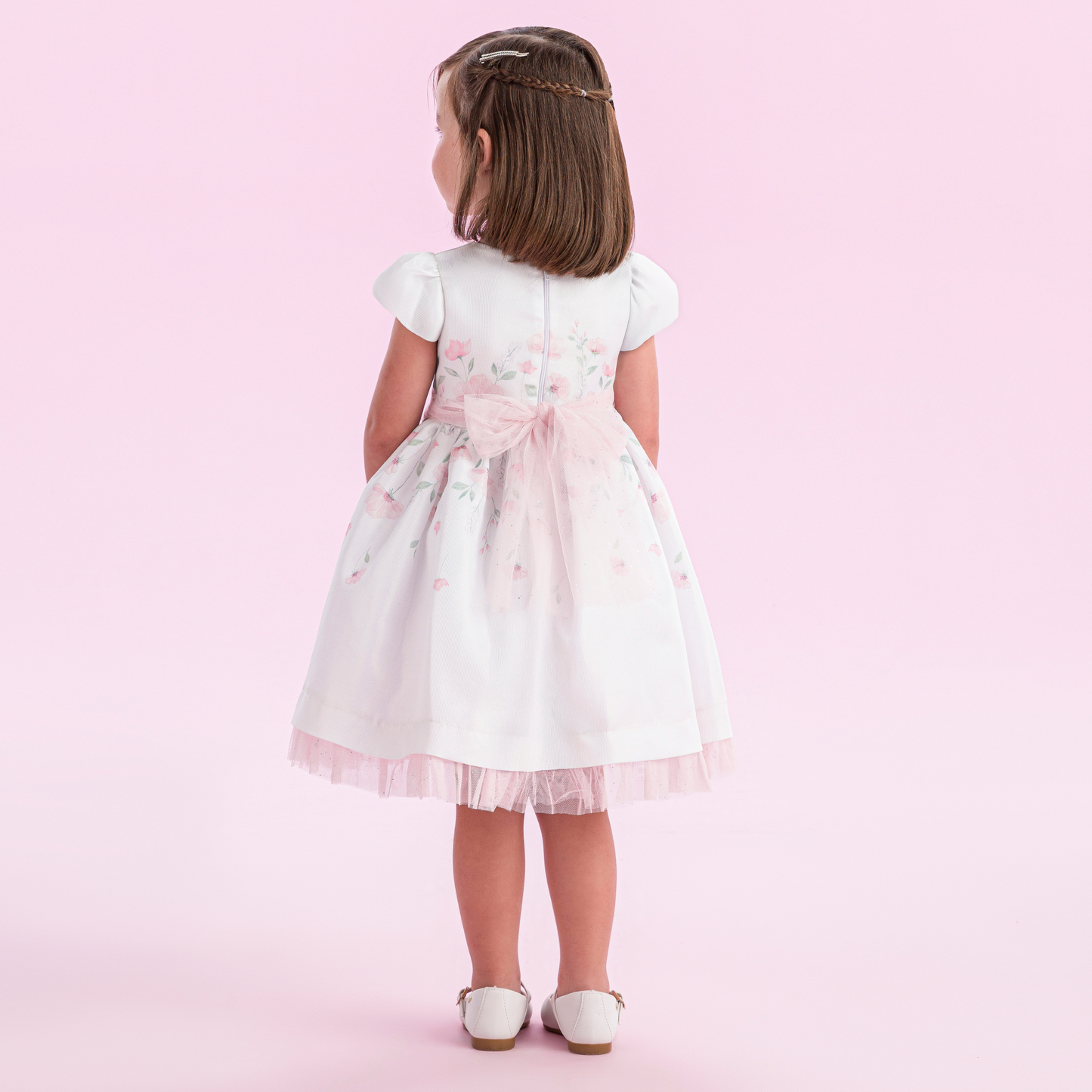 Vestido Infantil Festa Tule Rosa Flores - Petit Cherie