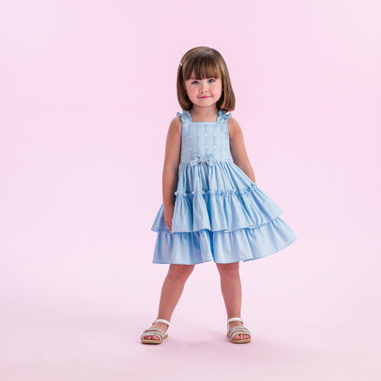 Vestido Infantil Algodão Babados e Bordados Azul Soft - Petit Cherie