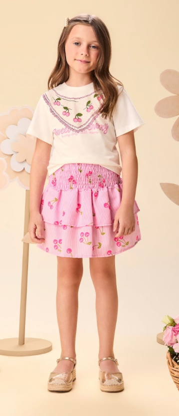 Conjunto Infantil Blusa Cerejas e Saia Franzida Babados Em Camadas - Momi
