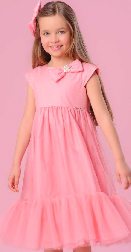 Vestido Infantil Tule Laço Puffer Bordado - Pituchinhus