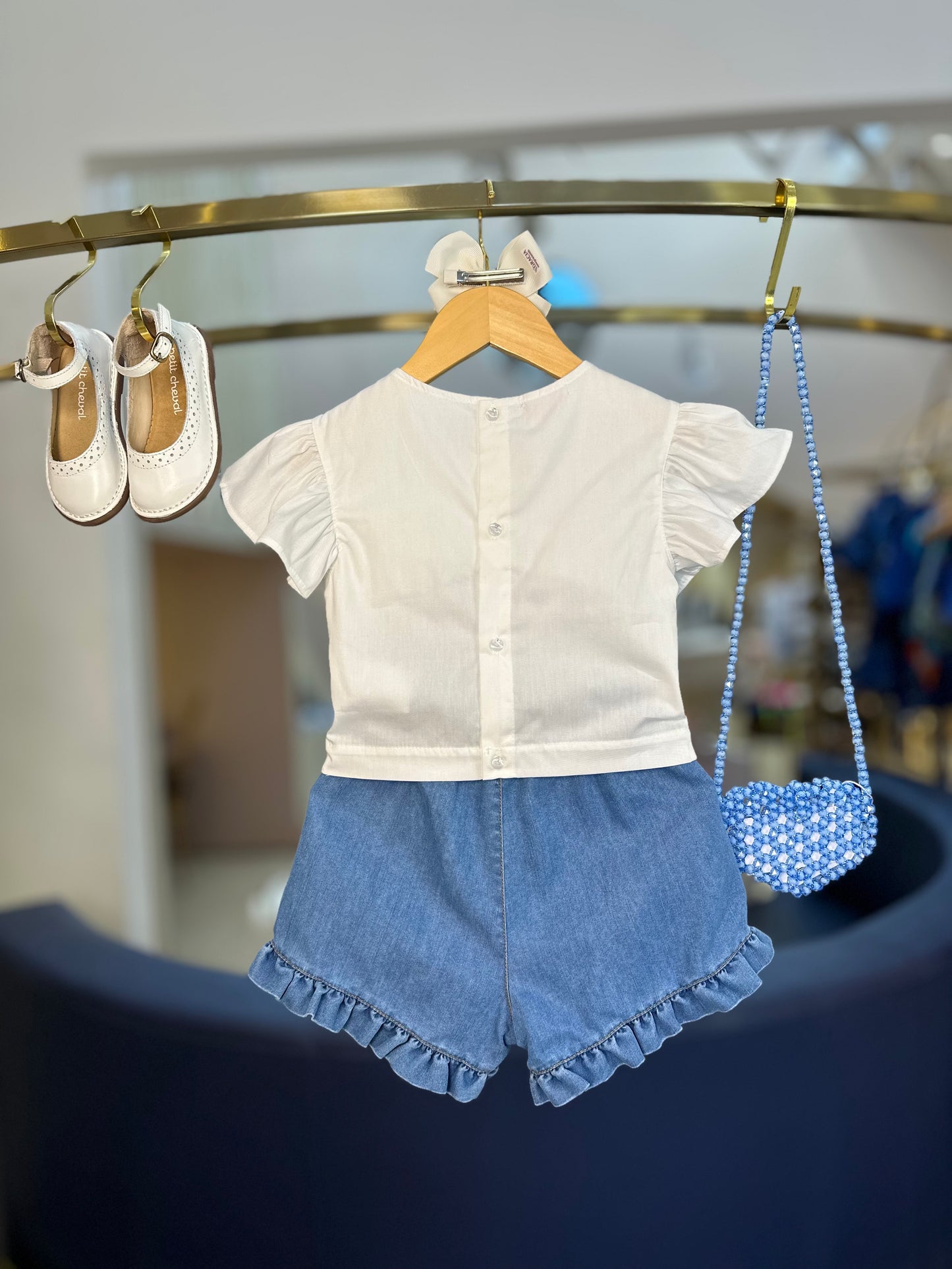 Conjunto Infantil Blusa de Algodão Bordado e Shorts Jeans - Luluzinha