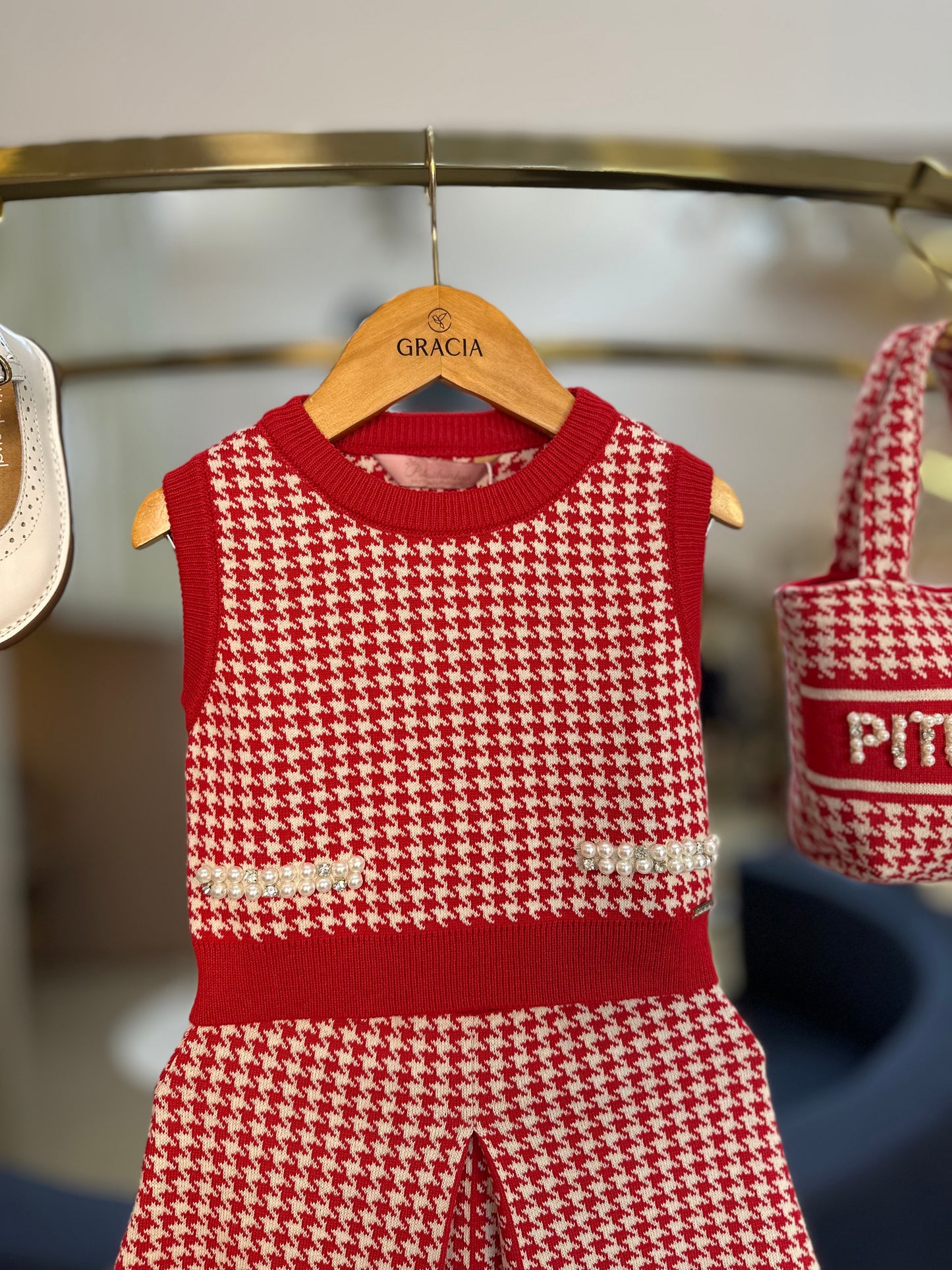 Conjunto Infantil Colete e Saia Tricot Pied Poule Prega - Pituchinhus