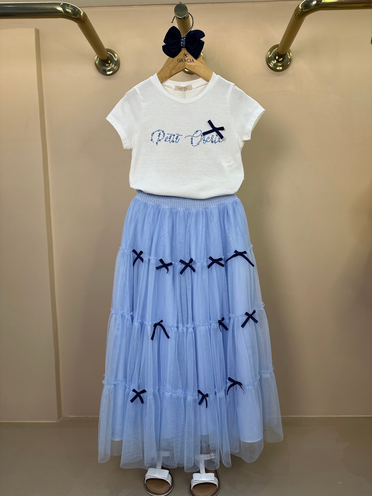 Conjunto Infantil Blusa Strass e Saia Longa Tule Azul Laços - Petit Cherie