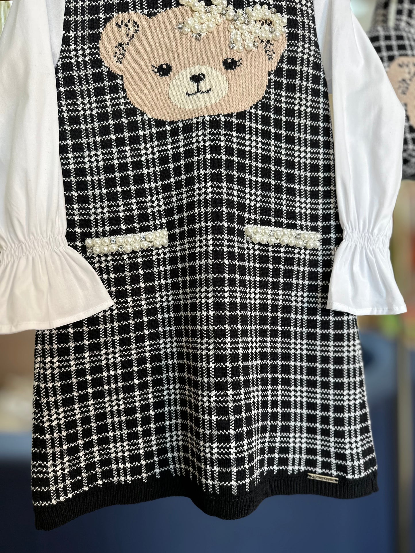 Vestido Infantil Tricot Xadrez Ursinho Mangas de Algodão - Pituchinhus