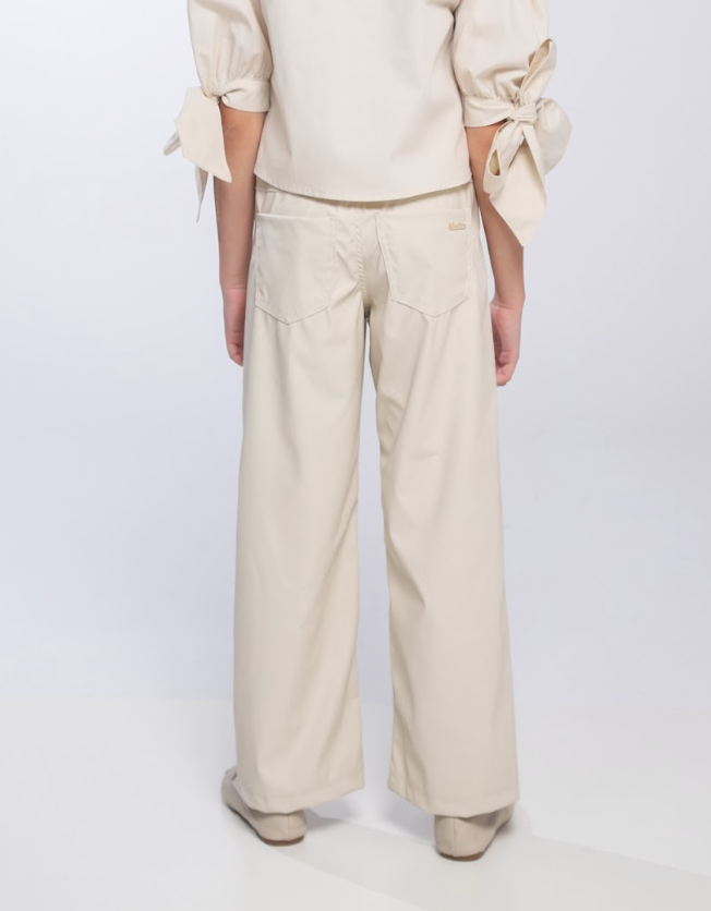 Calça Wide Leg Couro Fake Pingente de Urso Bege - Luluzinha
