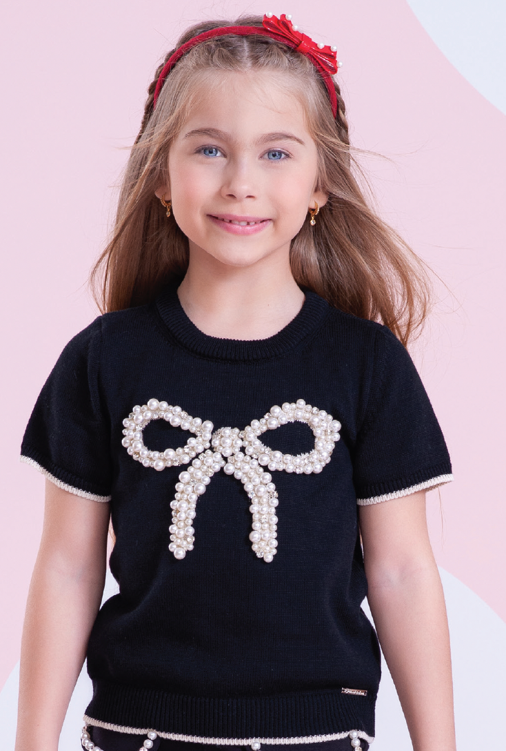 Blusa Infantil Tricot Maxi Laço Bordado Pérolas e Cristais Preta - Pituchinhus