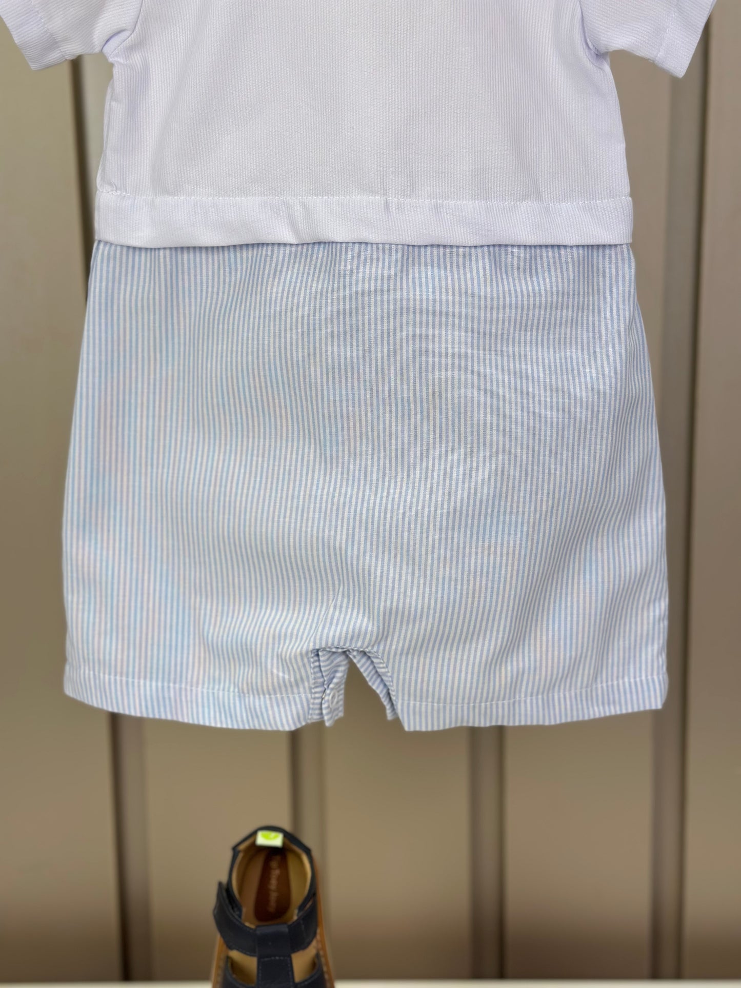 Macaquinho Bebê Botões & Bolso Branco com Listras Azul - Roana