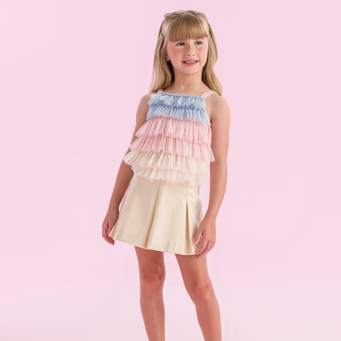 Conjunto Infantil Festinha Blusa Tule e Saia Sarja Bege - Petit Cherie PRÉ-VENDA