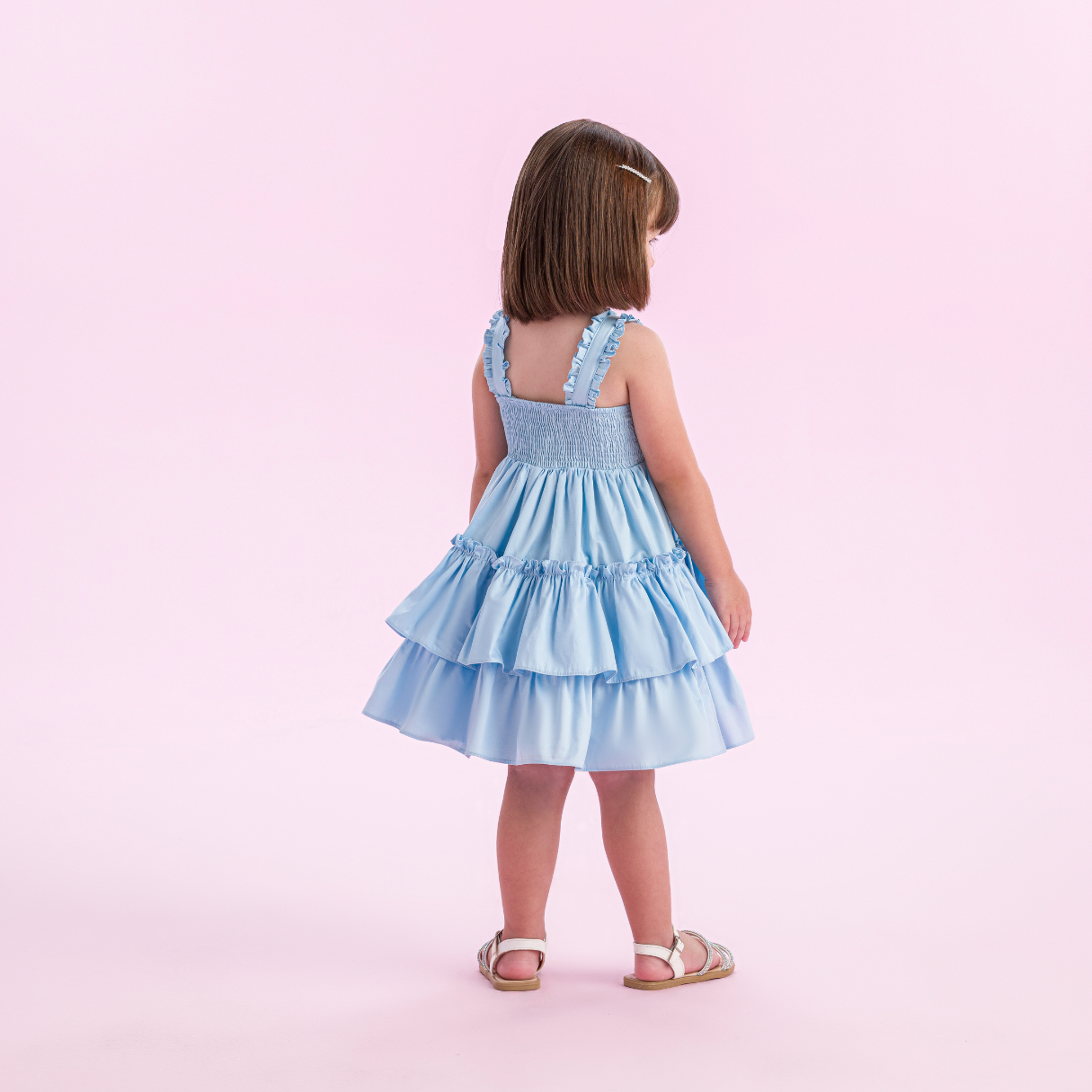 Vestido Infantil Algodão Babados e Bordados Azul Soft - Petit Cherie