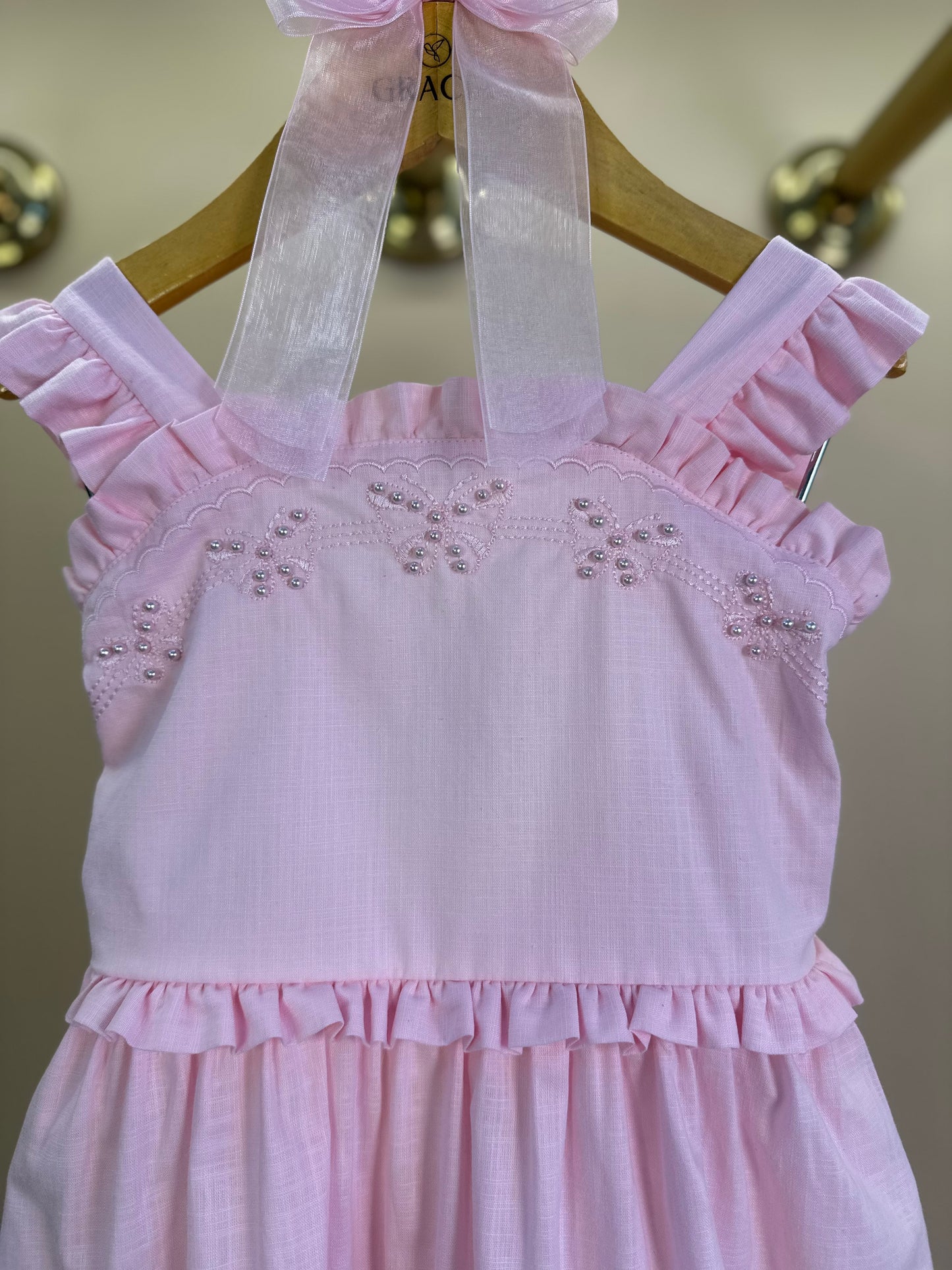 Vestido Infantil Algodão Bordado Pérolas Rosa Soft - Petit Cherie