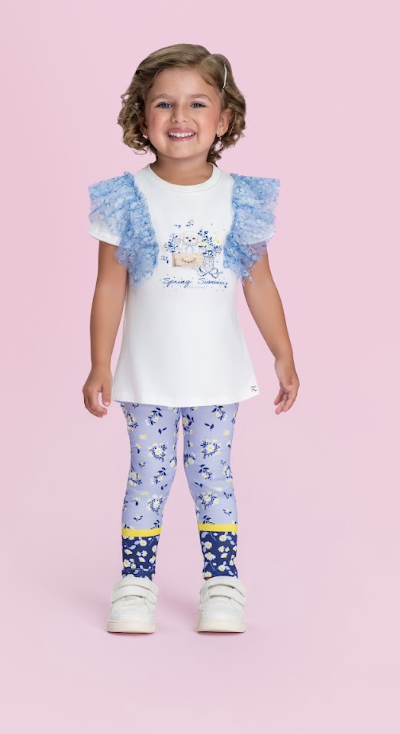 Conjunto Infantil Blusa Mangas Tule e Calça Legging Estampada - Petit Cherie