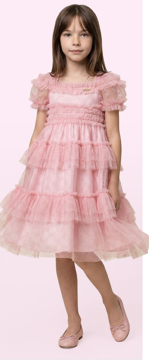 Vestido Infantil Midi Rosa com Babados em Tule - Luluzinha