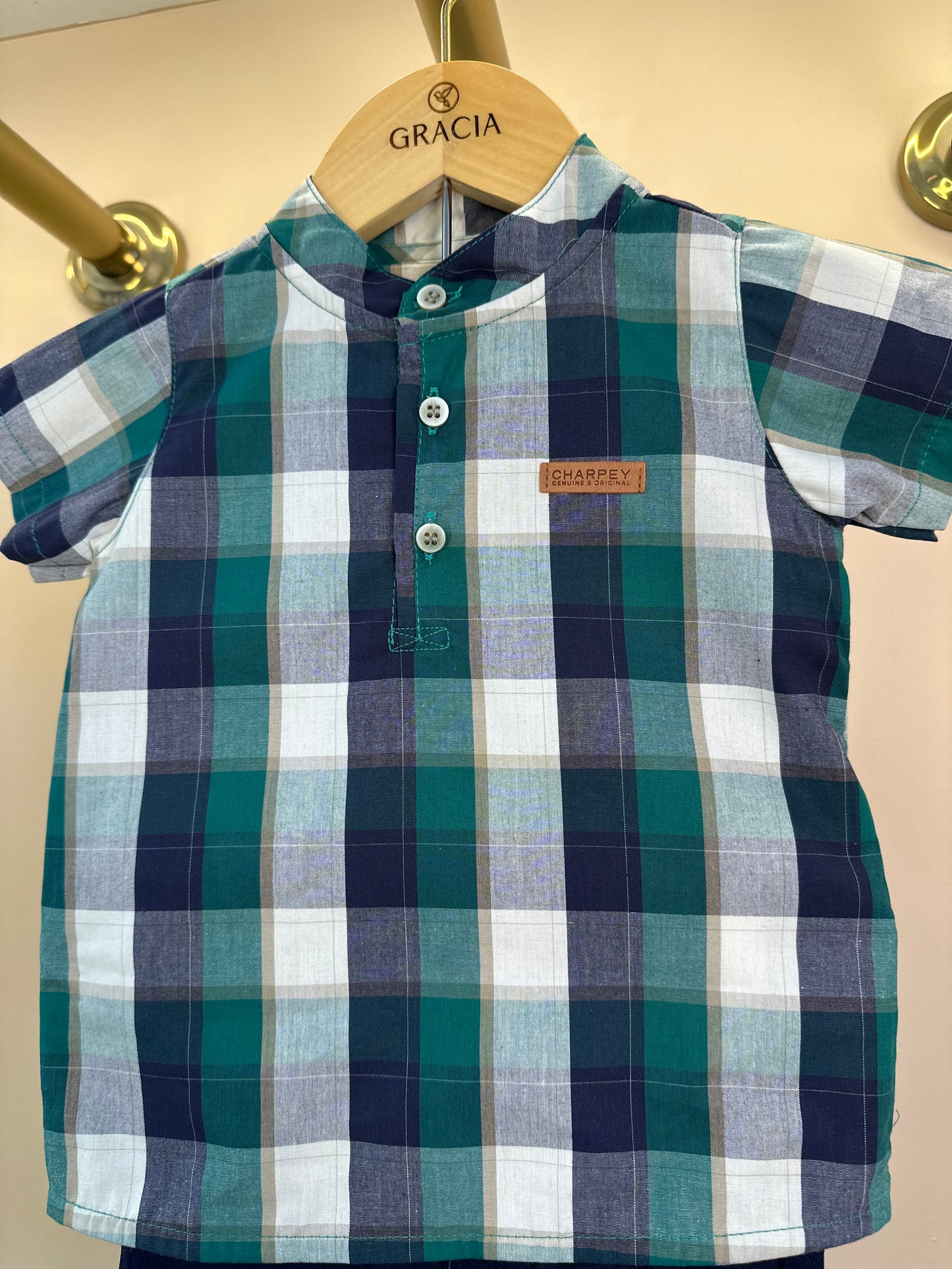 Conjunto Bebê Camisa MC Xadrez Verde e Bermuda Linho Marinho - Charpey