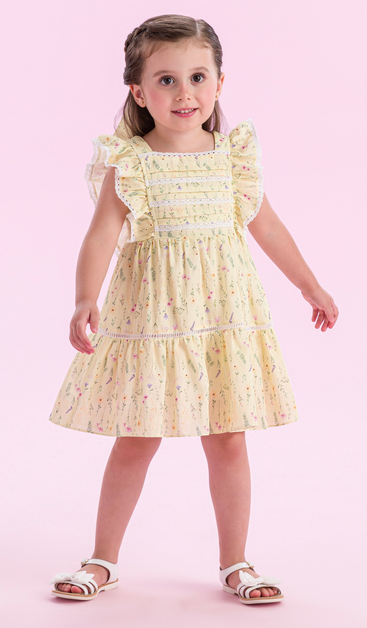 Vestido Infantil Algodão Laço Tule Amarelo Estampado Flores - Petit Cherie