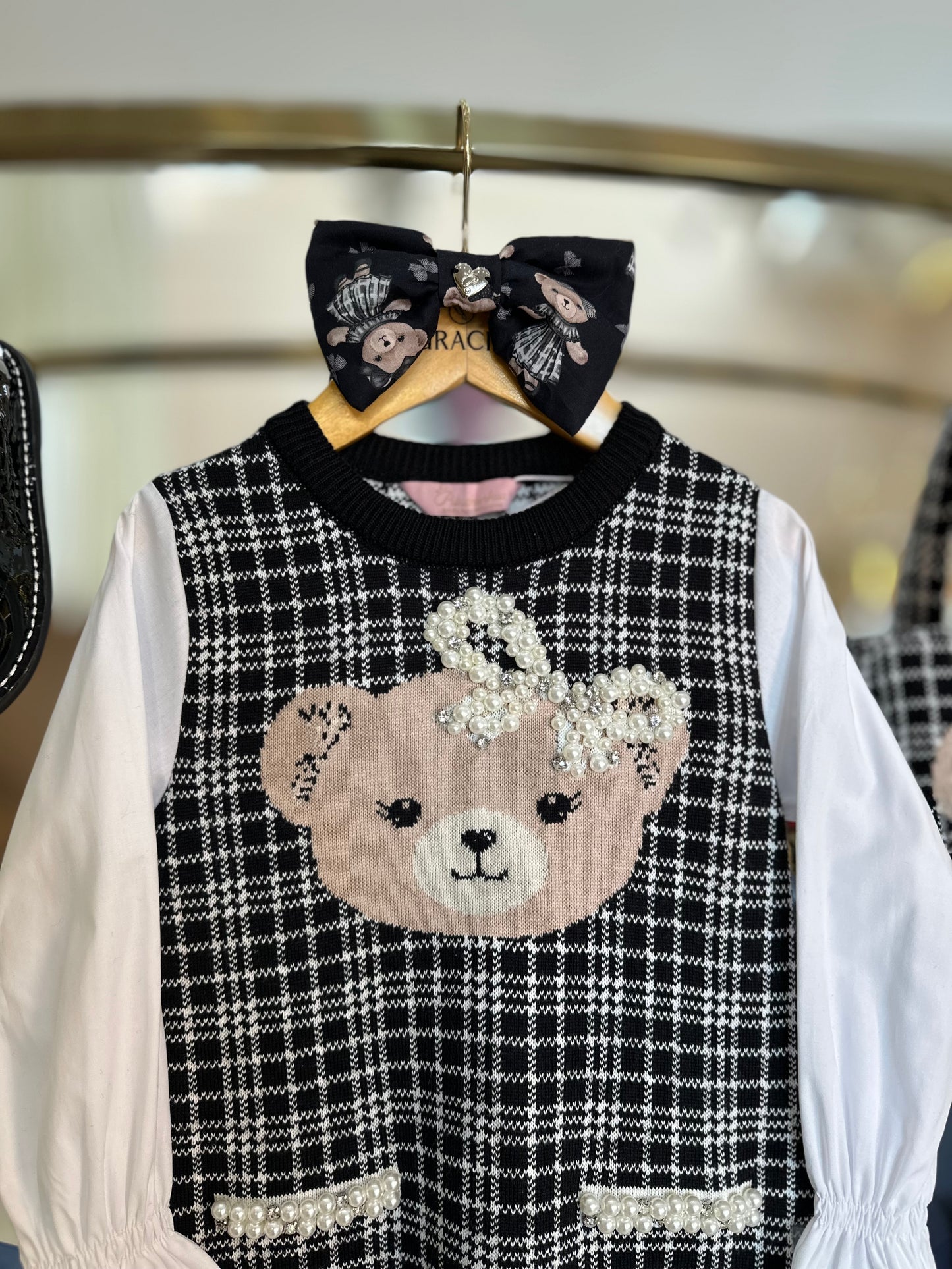 Vestido Infantil Tricot Xadrez Ursinho Mangas de Algodão - Pituchinhus