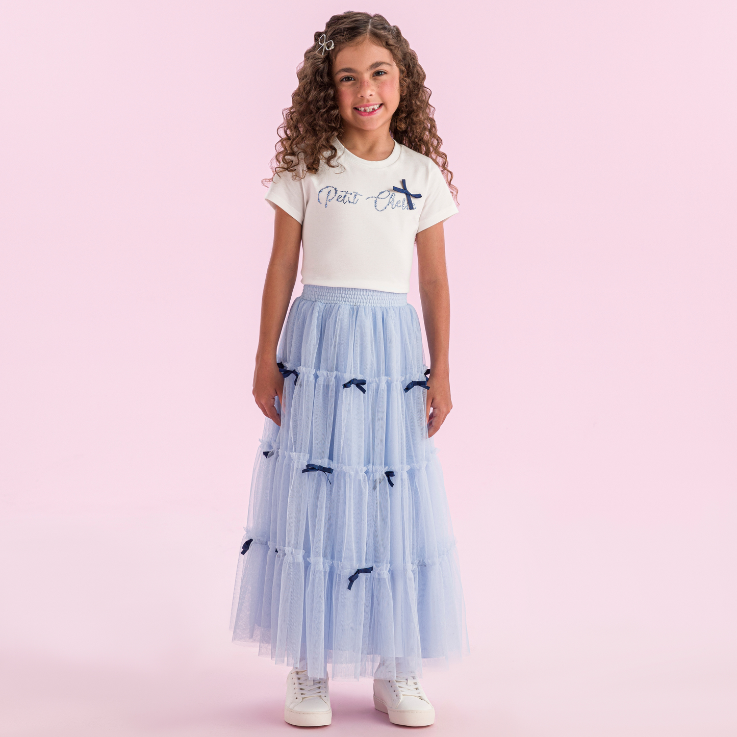 Conjunto Infantil Blusa Strass e Saia Longa Tule Azul Laços - Petit Cherie
