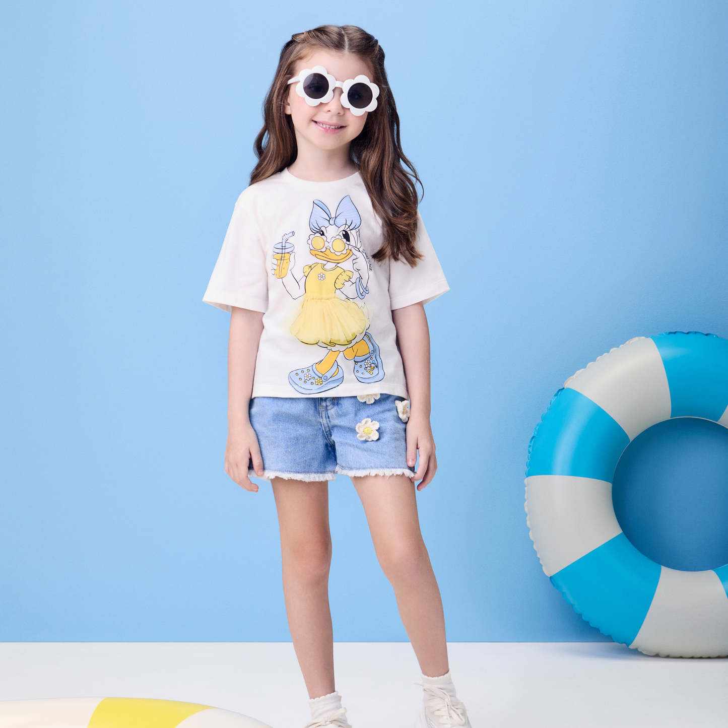 Conjunto Infantil Blusa Daisy Vestido Babadinho e Shorts Jeans Apliques Florzinhas - Momi PRÉ-VENDA